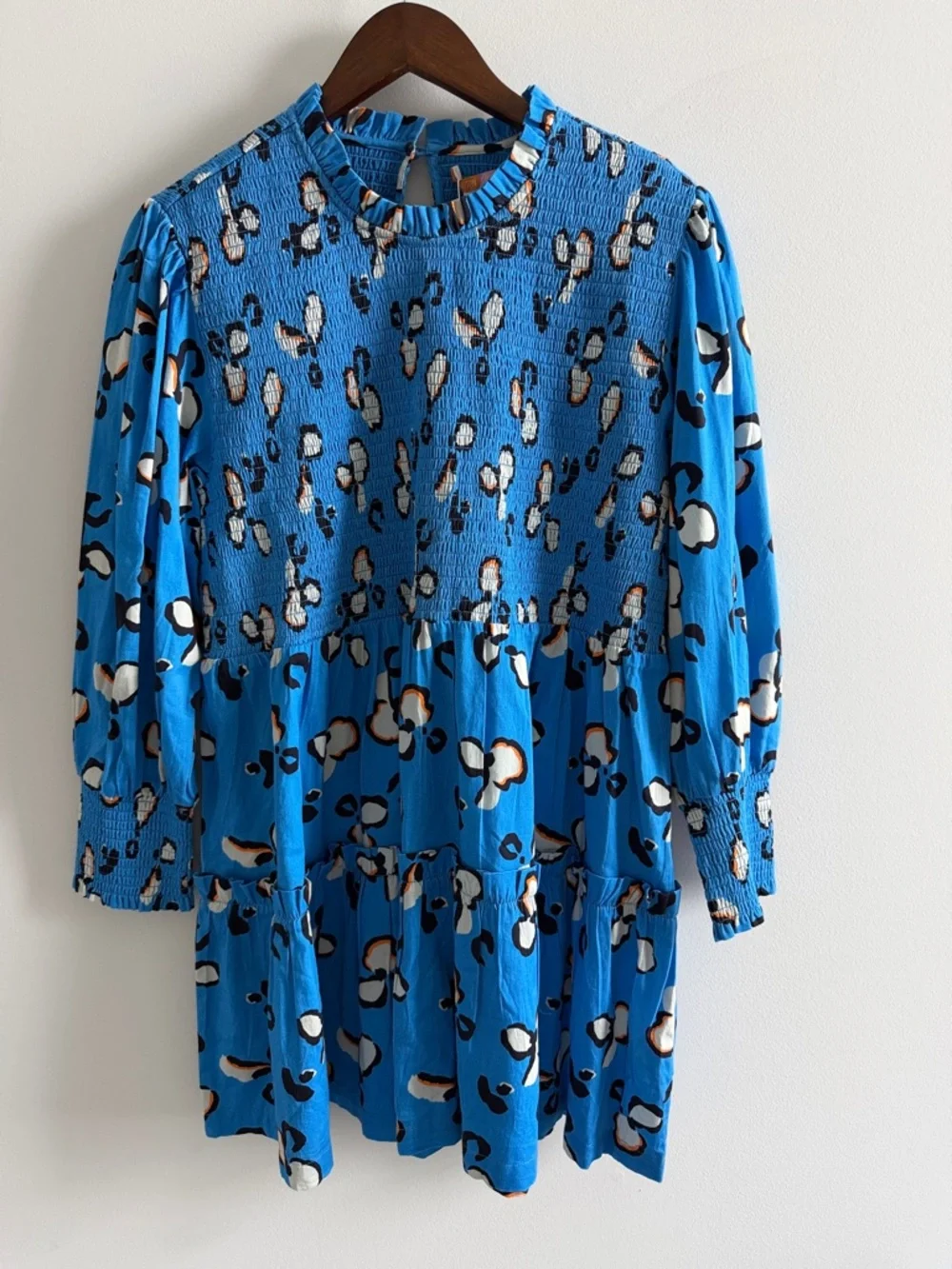 Briton Court NWT Blue Leopard Smocked Tiered Mini Dress Boho XL - Picture 2 of 13